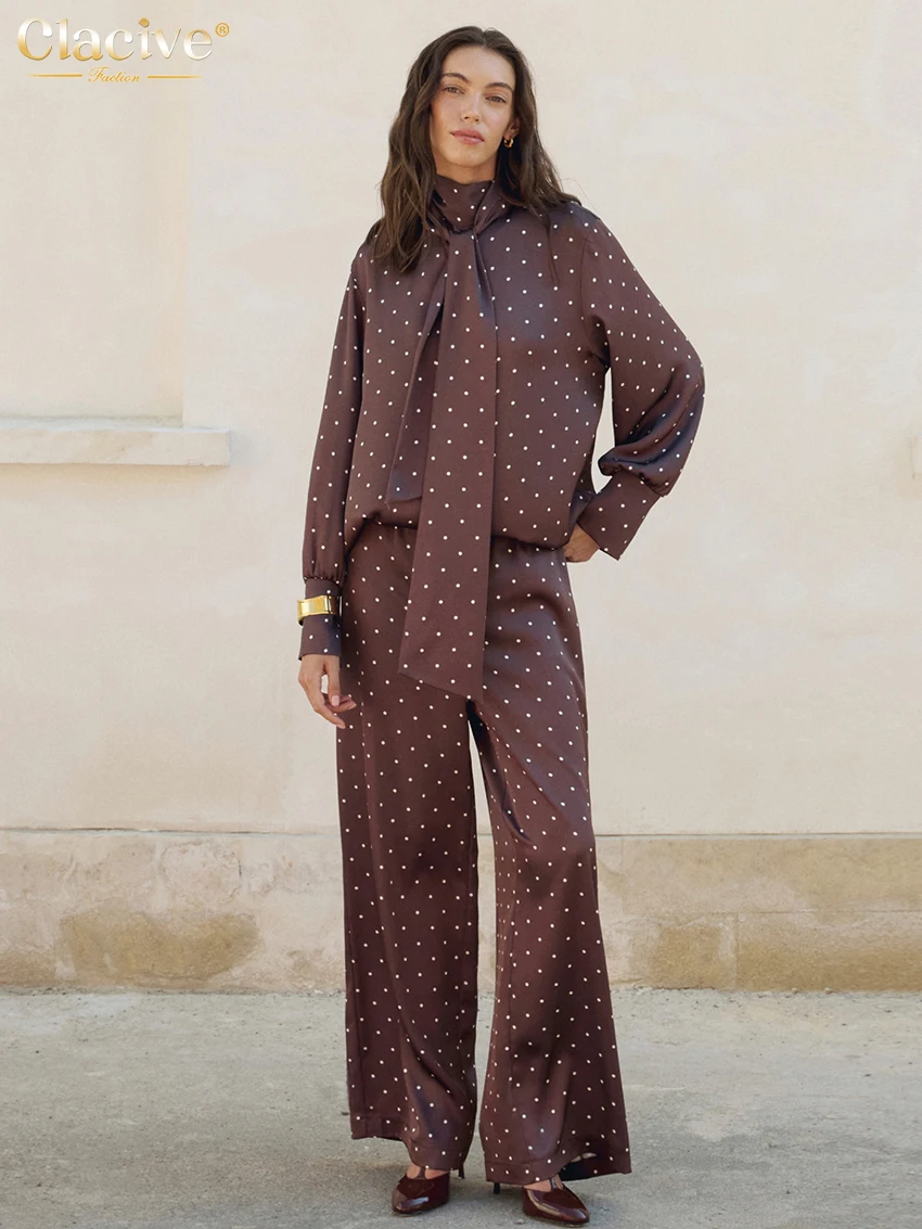 

Clacive модный свободный женский комплект из двух предметов с принтом 2025 элегантная рубашка с длинными рукавами и широкими брюками с высокой талией комплект женской одежды