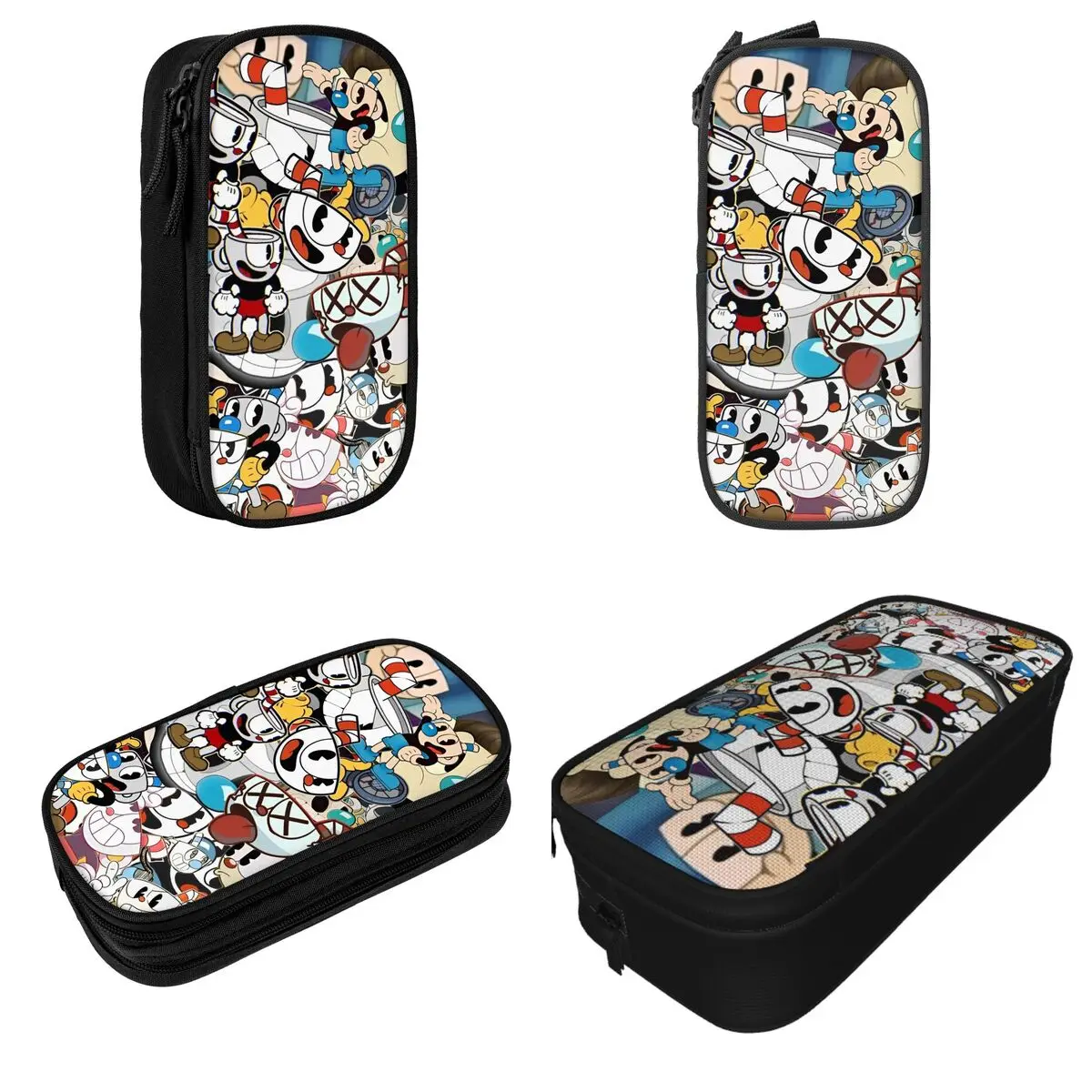 Large Pencil Case Cuphead Cute Cups Merch Double Funny Expression Layer Pencilcase Girl Make Up Bag Birthday Gift