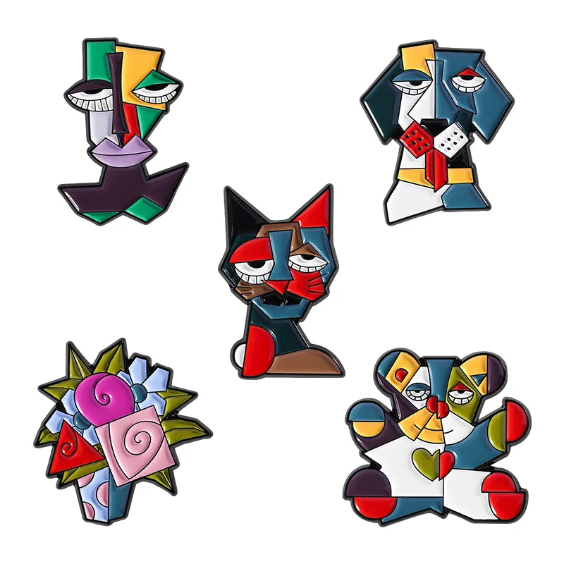 Picasso style badges, colorful abstract paintings animal floral shapes alloy pins, clothing bag accessories, gifts for friends