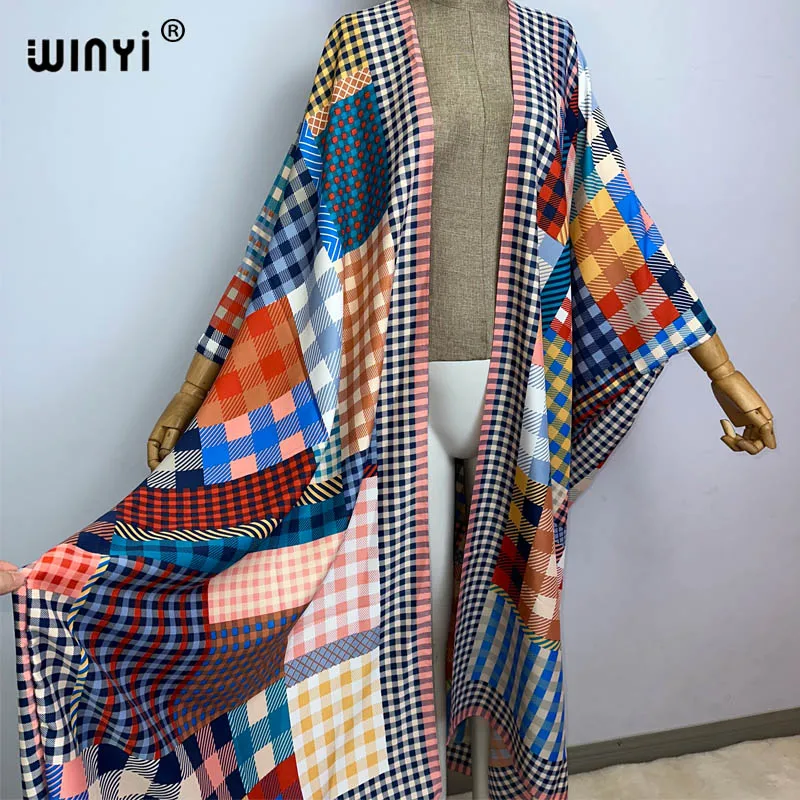 WINYI Women Casual African Kaftan Robe Graffiti print long Sleeve Beach Cover up Maxi Dress Summer Long Kimono Dress Beach Wear