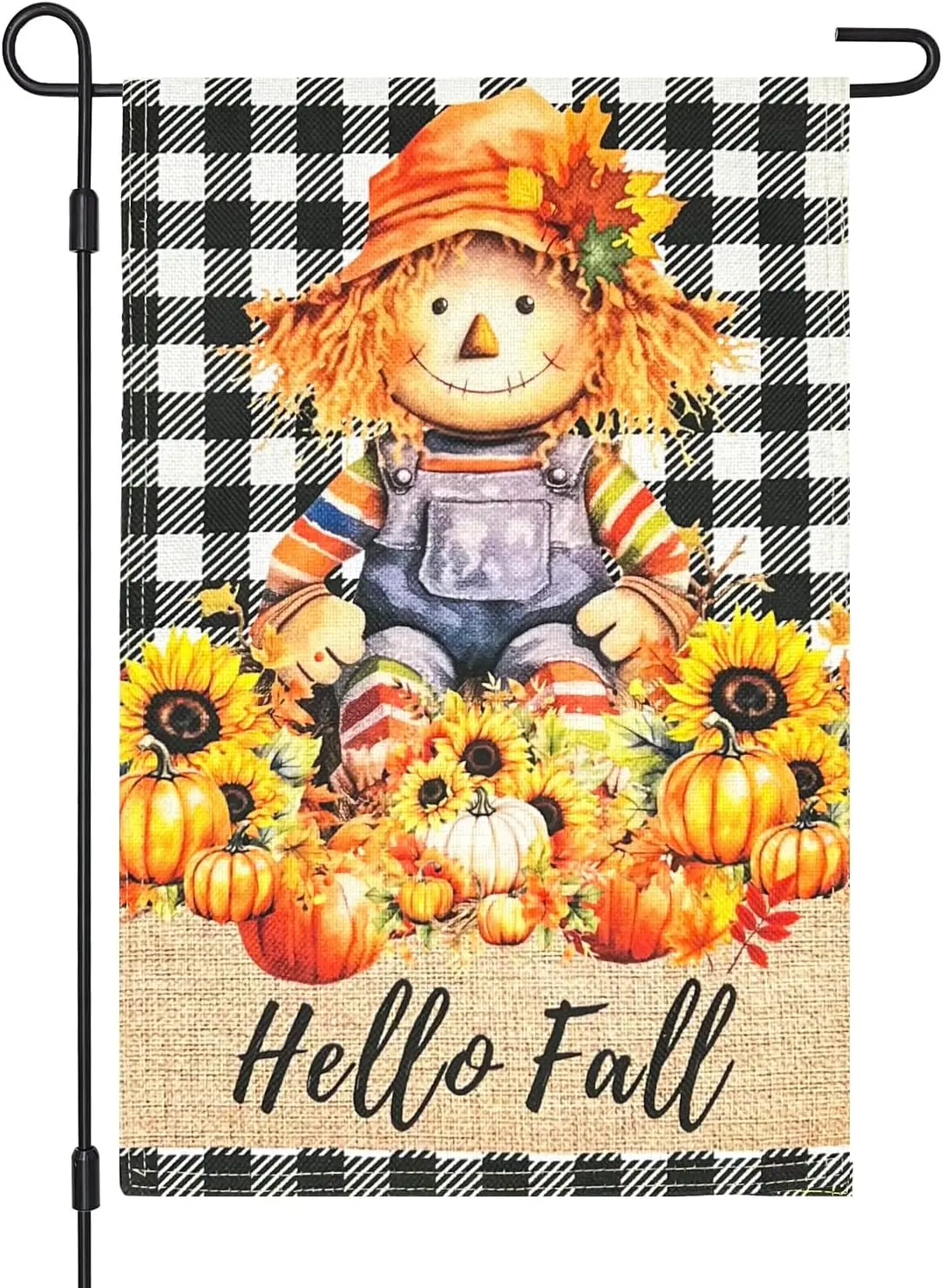 Hello Fall Scarecrow Burlap Garden Flag,12x18 Inch Double Sided Pumpkins Sunflowers Buffalo Plaid Check, Outside Small Yard jjp