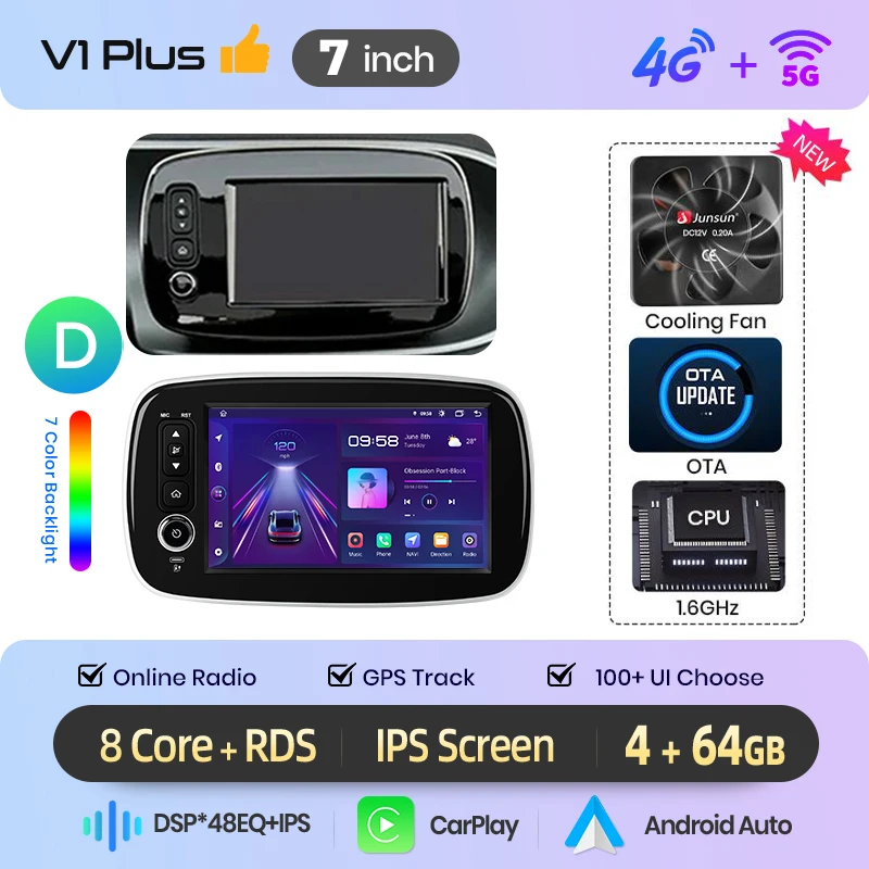 Junsun 8-Zoll Kabelloses CarPlay Android Auto Autoradio für Mercedes Benz Smart Fortwo 453 2014-2020 Multimedia Kabelloses Apple CarPlay Intelligente Systeme IPS Touchscreen Stereo-Videoplayer 2 Din