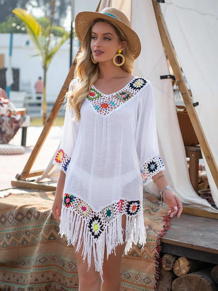 

Crochet Cover-Up Mini Dress White Bikini Cover Up Fringe Trim Women Sexy Hollow Tunic Beach Dress Summer Bathing Suit Beachwear