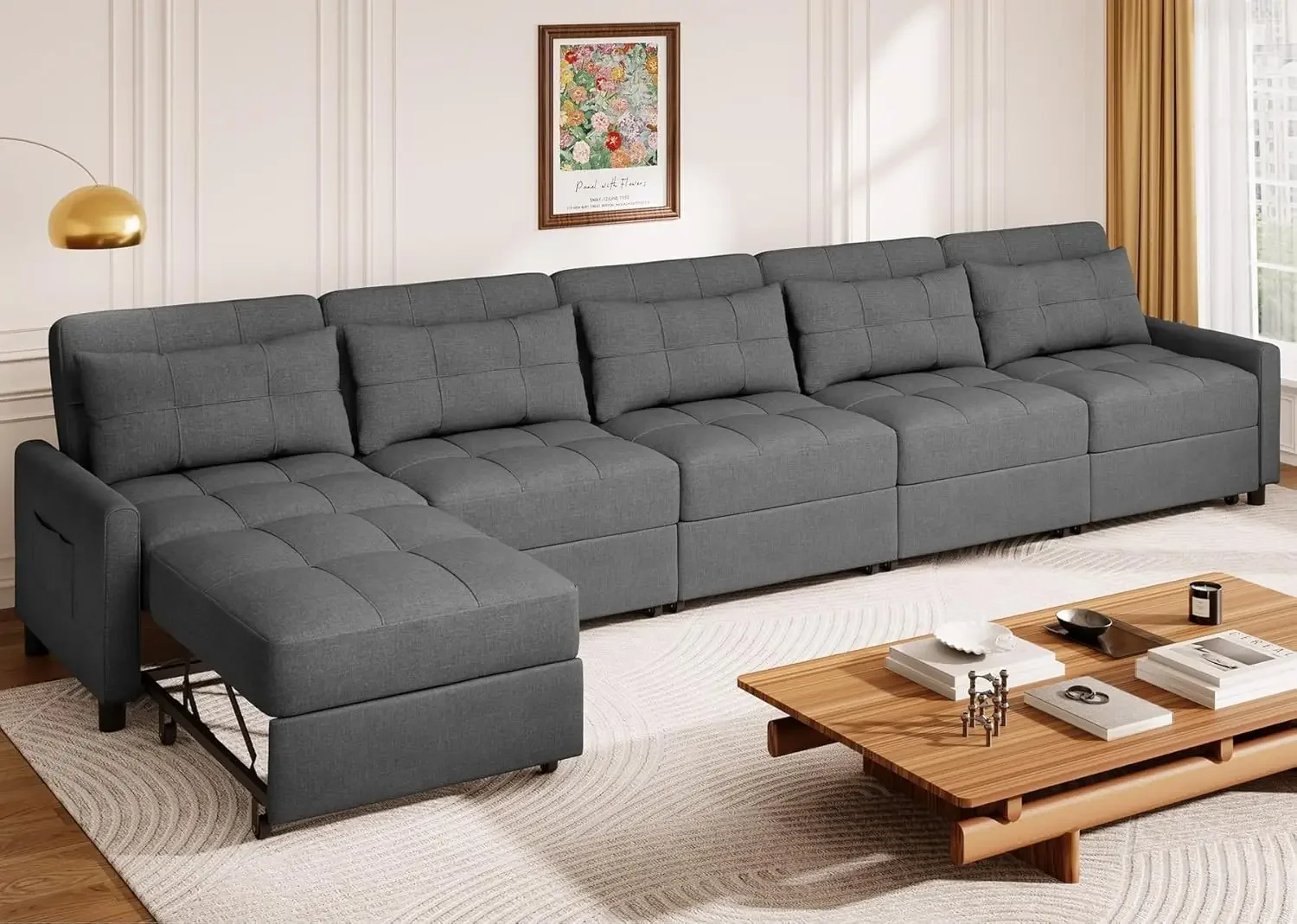 Convertible Sectional Sofa Bed, Sleeper Sofa Bed with Adjustment Backrest, Pull Out Couch with Ottoman for Livingroom, Apartment