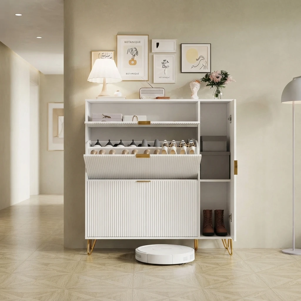 Anajqaqia 110×24×111,5 cm Mobile Porta Scarpe Moderno, Grande Capacità, Cassetti Pieghevoli Nascosti, Ripiani Multi-strato, per Camera da Letto, Soggiorno, Balcone, Bianco
