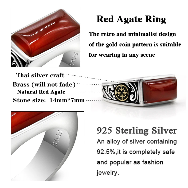 خاتم جديد من الفضة الإسترليني عيار 925 خاتم ذهبي بعملة معدنية للرجال بسيط منحنى مربع أحمر من العقيق Türkiye مجوهرات عصرية في الشرق الأوسط #6