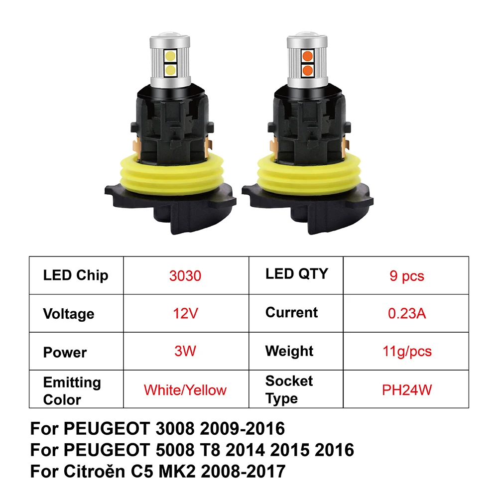 DRL Lamp for Peugeot 3008 2009-2016 2Pcs/Set 3030 9SMD White/Amber PH24W Canbus Car LED Daytime Running Light view 3