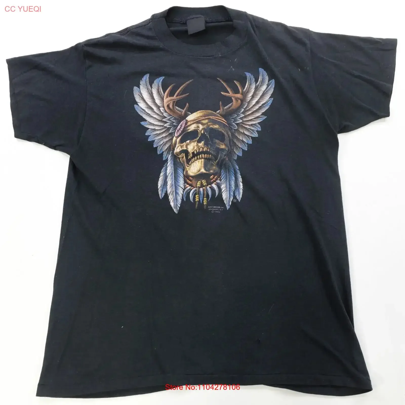 Rare VTG 3D EMBLEM Just Brass Native Winged Skull Feather 1988 T Shirt 80s Black vintage Washed Stylish designer clothes