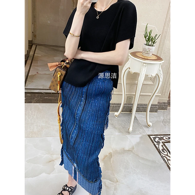 Miyake Pleated Denim Printed Tassel Skirt with Summer High Waisted and Slim Straight Leg, Medium Length Design Skirt