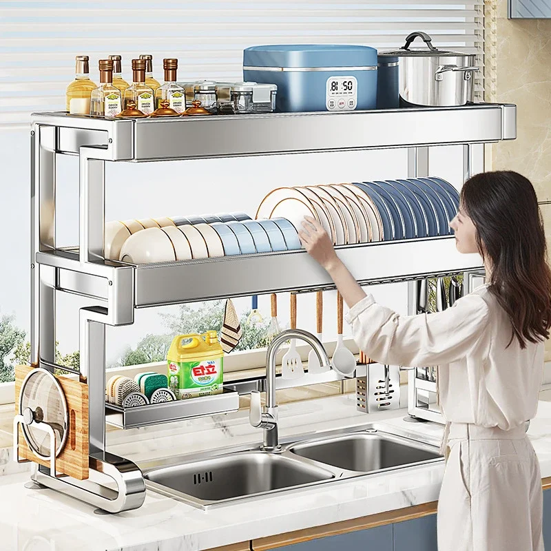 

304 Stainless Steel Sink Storage Rack 2 Layers Kitchen Shelf Multifunctional Bowl Dish Drain Basket Space Saving Organize Shelf