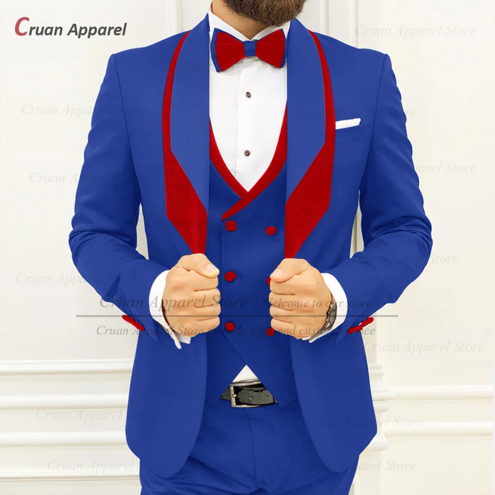 Fashion Men White Suit Slim Fit Formal Wedding Mens Tuxedo Tailor-made Homecoming Red Velvet Lapel Blazer Vest Pants 3 Piece Set