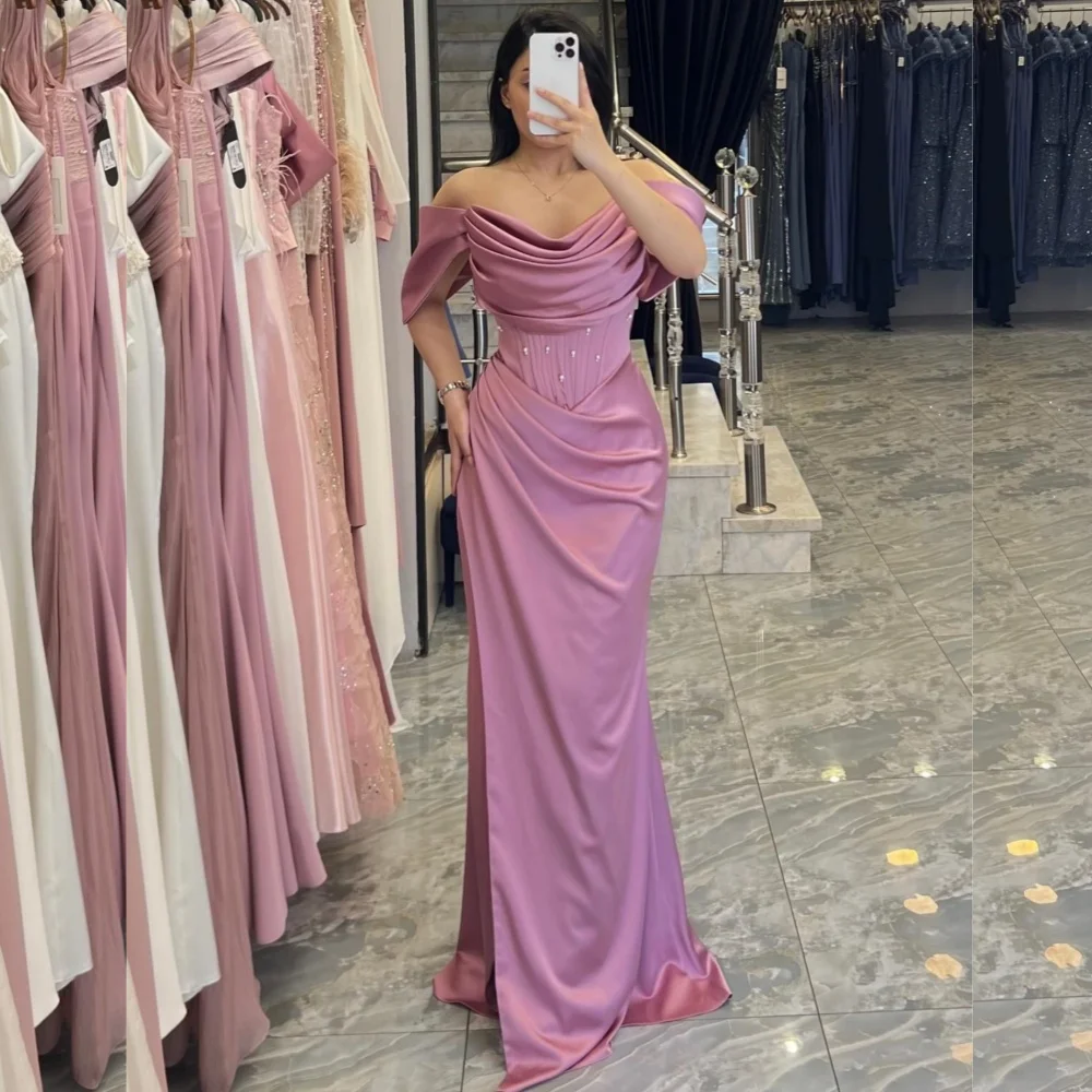 

Customized Sizes Available Charmeuse Sequined Pleat Trumpet Off-the-shoulder Long Dresses Bespoke Occasion Retro