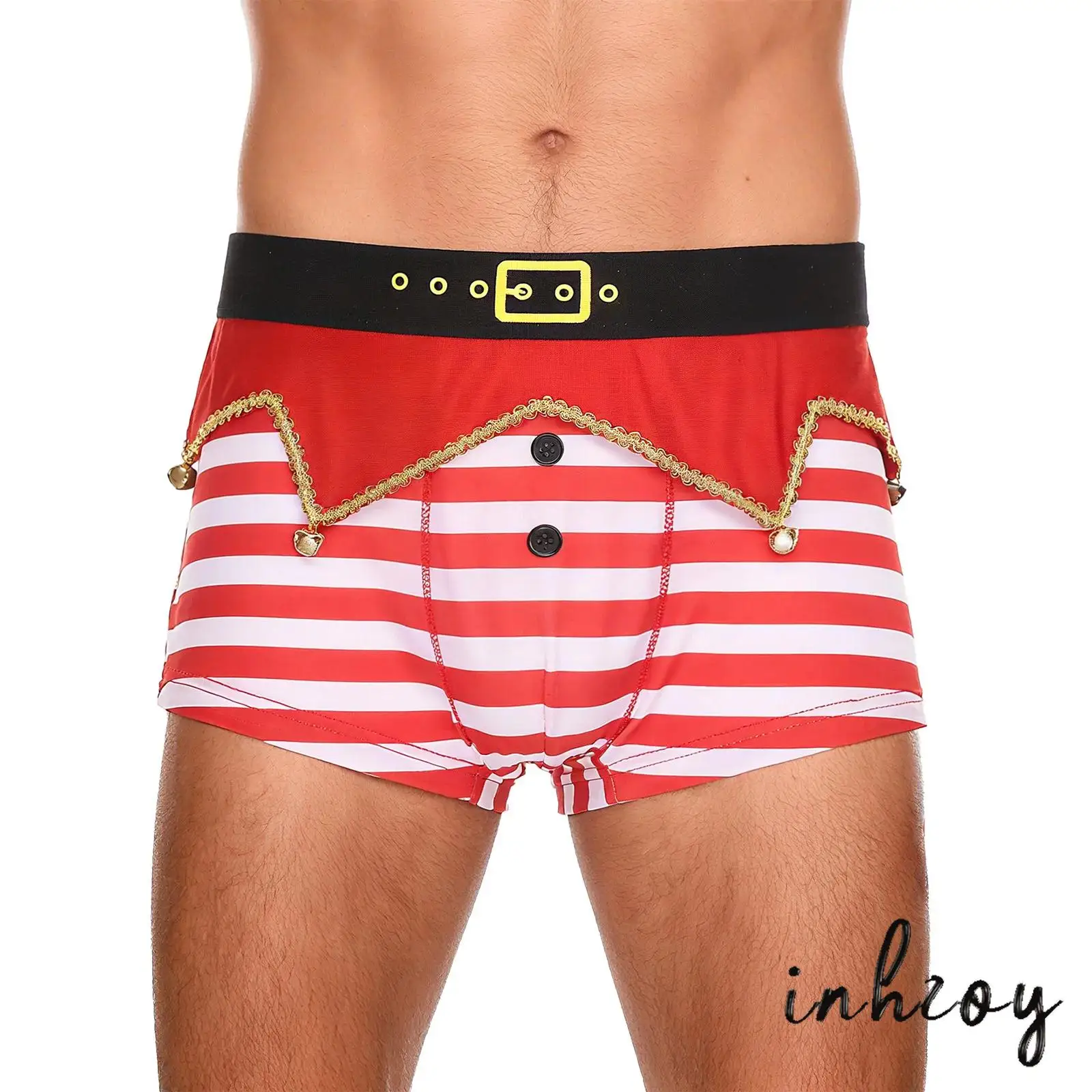 

Men Christmas Underwear Funny Novelty Holiday Xmas Style Boxer Briefs Elastic Waistband Irregular Panel Bells Striped Shorts