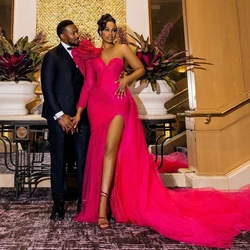 Hot Pink African Wedding Reception Dresses One Shoulder High Slit Aso Ebi Style Evening Dress Glitter Tulle Formal Prom Gowns