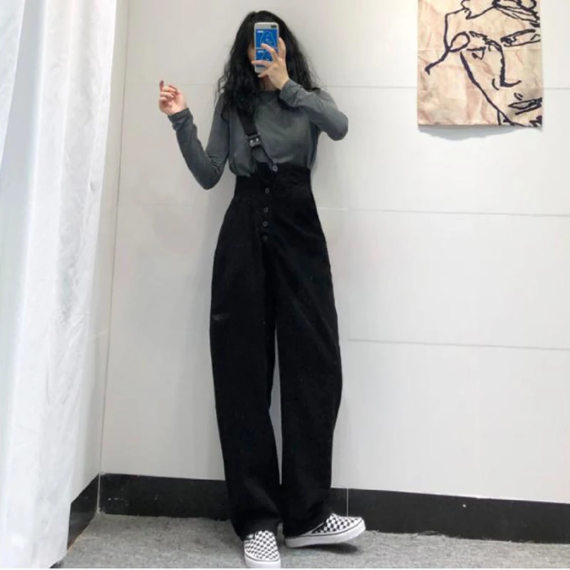 

Straight Mopping Fall Korean Style Button One-shoulder Adjustable Wide Leg Trousers All-match Students Overalls Women Jumpsuits