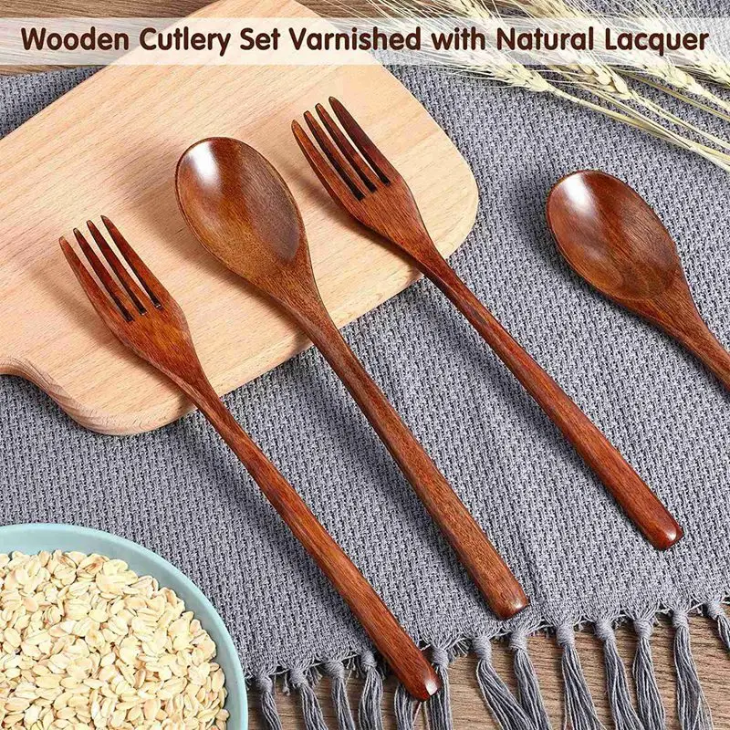 ELOS-20 Pcs Wooden Spoons Forks Set Wooden Utensil Set Reusable Natural Wood Flatware Set For Cooking Stirring Eating