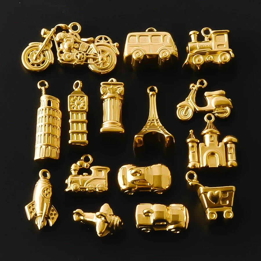 5Pcs Gold Metal Charms Vehicle Building Pendant Motorcycle Train Plane Rocket Tower Castle Eiffel Tower DIY Jewelry Making Bulk