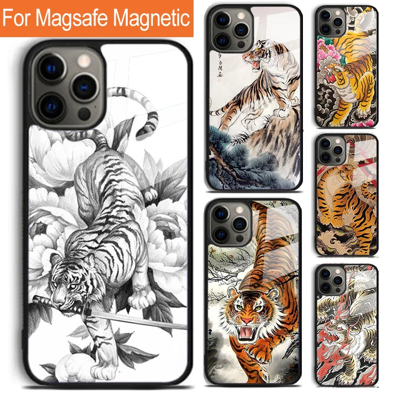 Japanese ukiyo-e Art Panther Tiger Phone Case For iPhone 16 15 14 13 12 11 Pro Max Plus Magsafe Magnetic Wireless Charging Cover