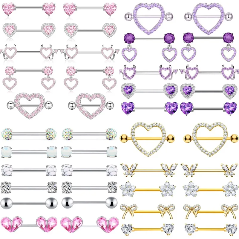 Fashion Stainless Steel Pink Heart Moon Nipple Piercing Set Crystal Sexy Nipple Ring Body Jewelry Perforación Del Pezón