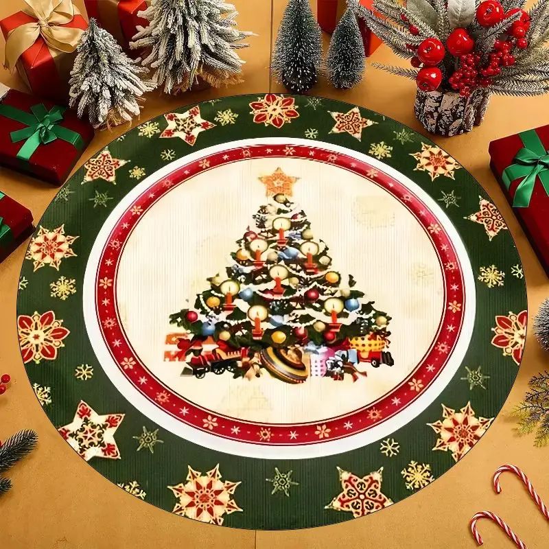 Cozy Santa Reindeer Family Round Rug For Holiday Scene Cute Character Bedroom Warm Decorative Floor Mat