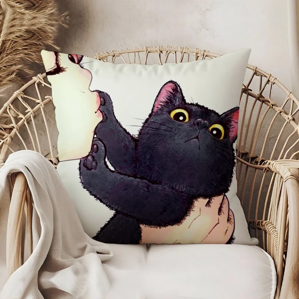 Square Throw Pillow Case White Black Cat Holding Foot Print Living Room Bedroom Sofa Chair Home Decor Cushion Cover
