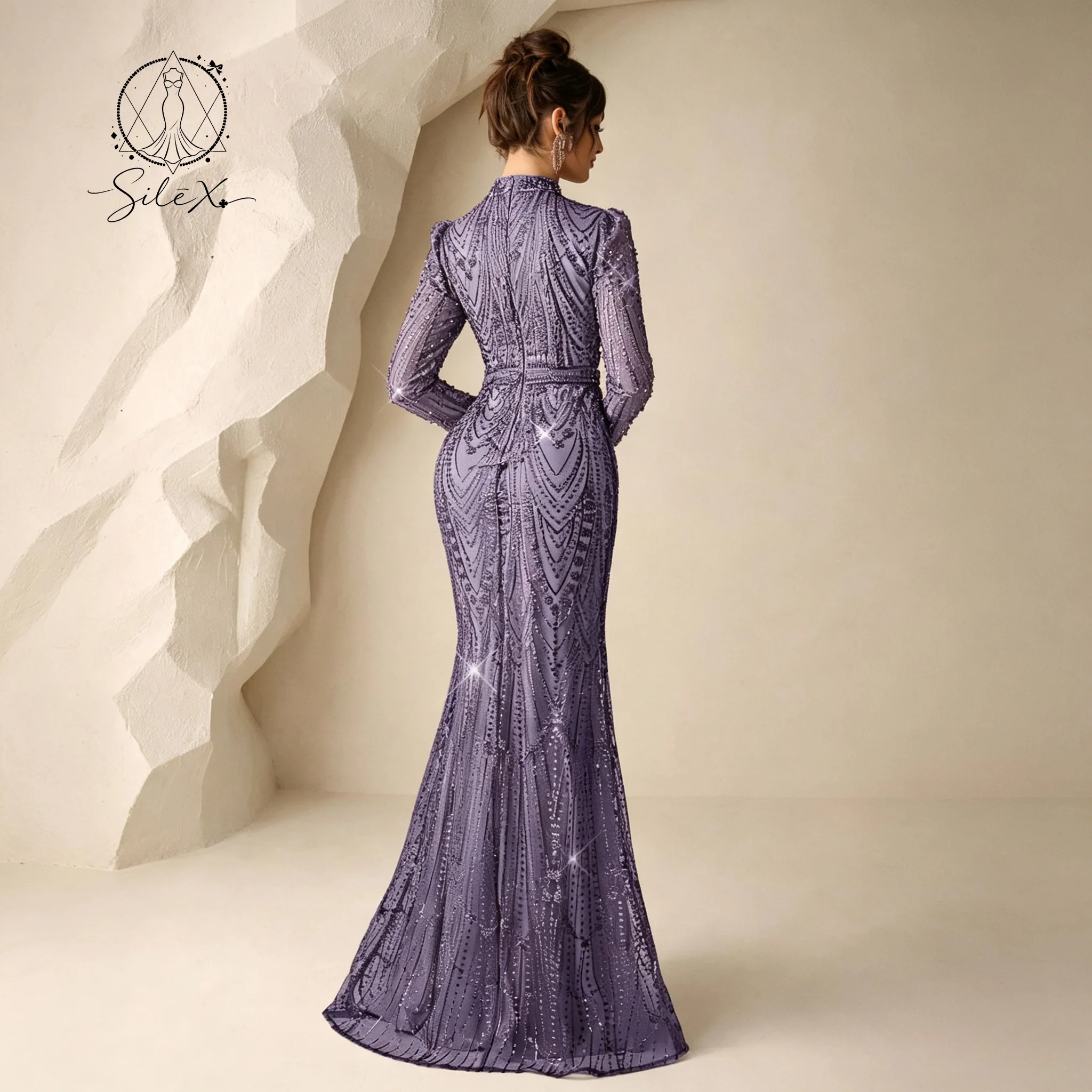 Lavender Sequin Lace Mermaid Formal Gown High Neck Long Sleeve Fitted Waist Elegant Women Banquet Wedding Evening Dress - view 4