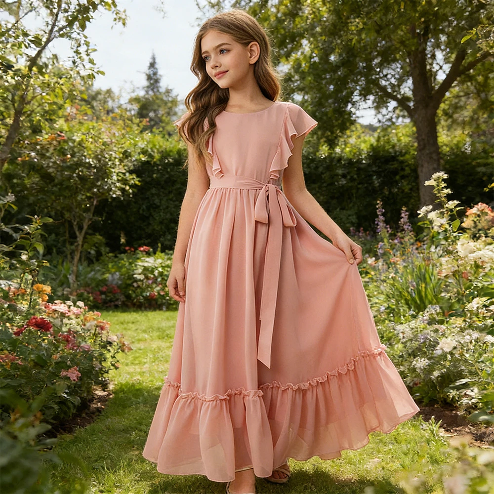 

2026 New Summer Dress for Girls Ruffle Chiffon Long Dress Teen Girl Comfortable Belt Casual Dress Kids Birthday Princess Dress