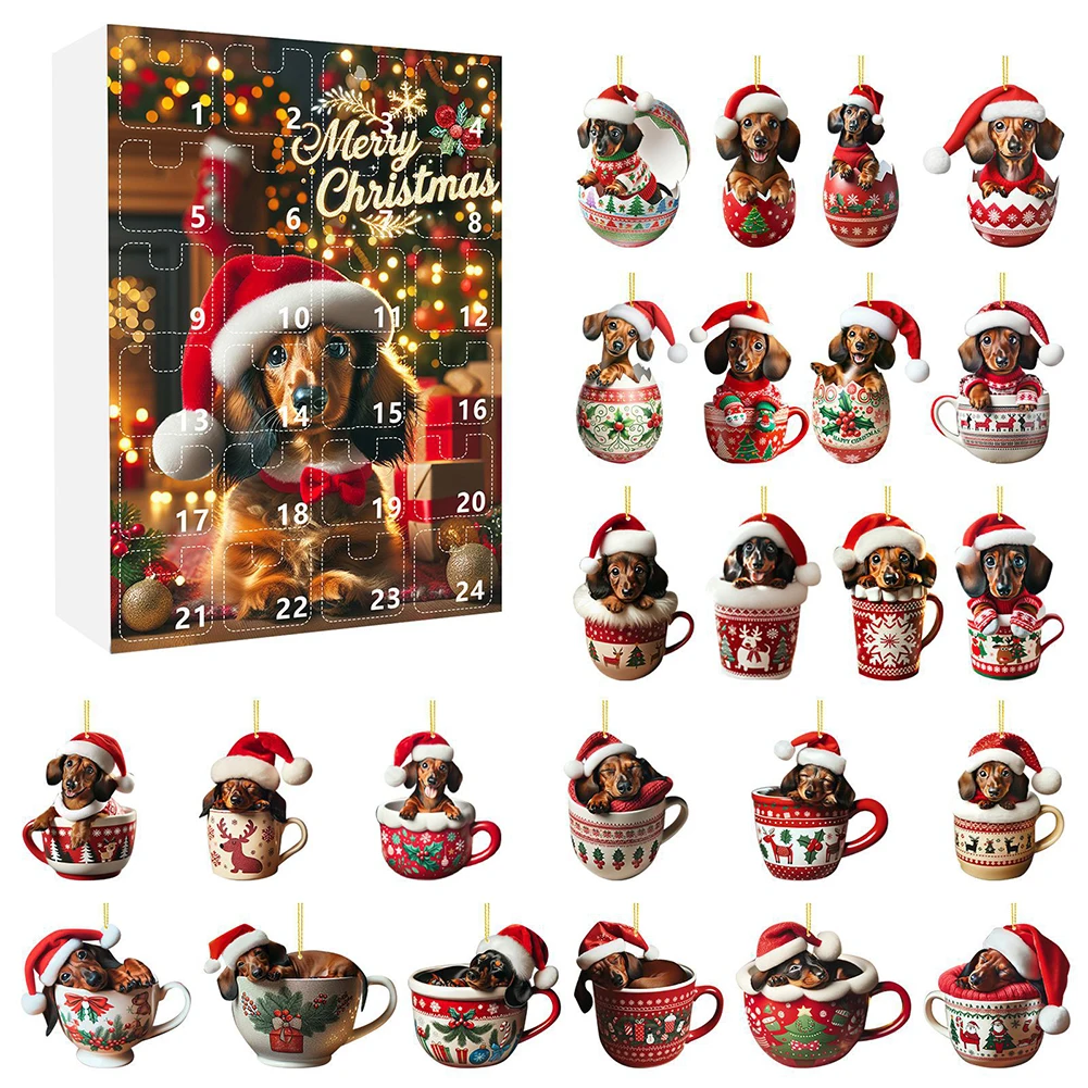 2024 Advent Calendar Christmas Funny Dachshunds Figure Christmas Ornaments 24 Days Christmas Countdown Calendar Kids Gifts