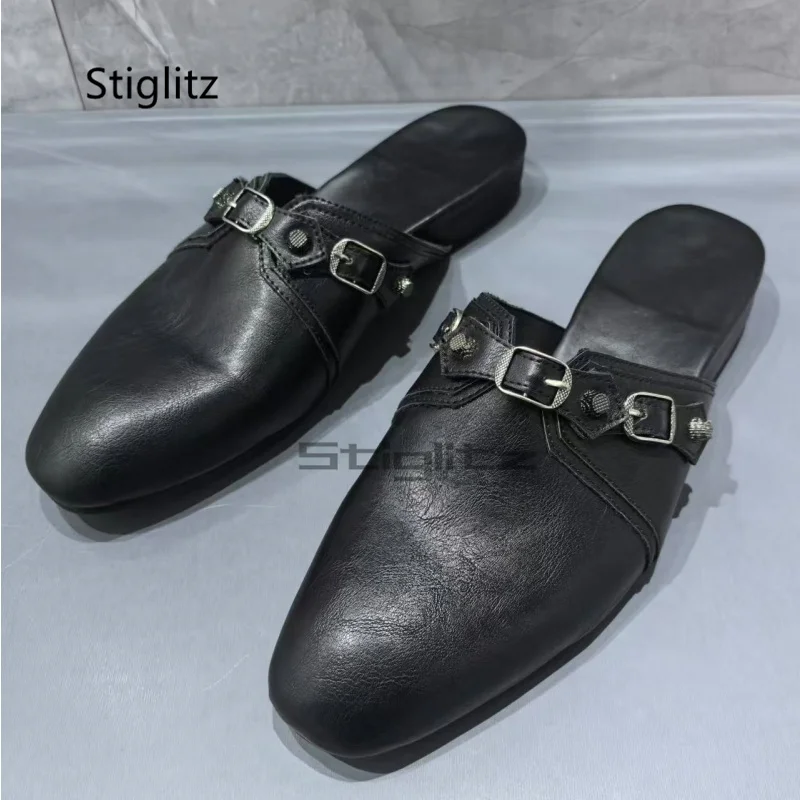 

Black Square Toes Half Slippers for Men Soft Leather Metal Button Men's Summer Shoes Pull On Casual Flat Comfortable Man Shoes