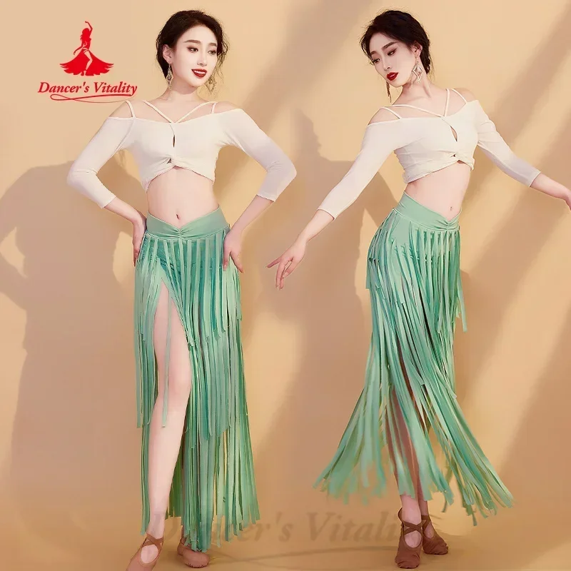 BellyDance Practice Set Long Sleeved Top+Tassel Long Skirt 2pcs Adult Female Oriental Belly Dance Professional Training Clothes