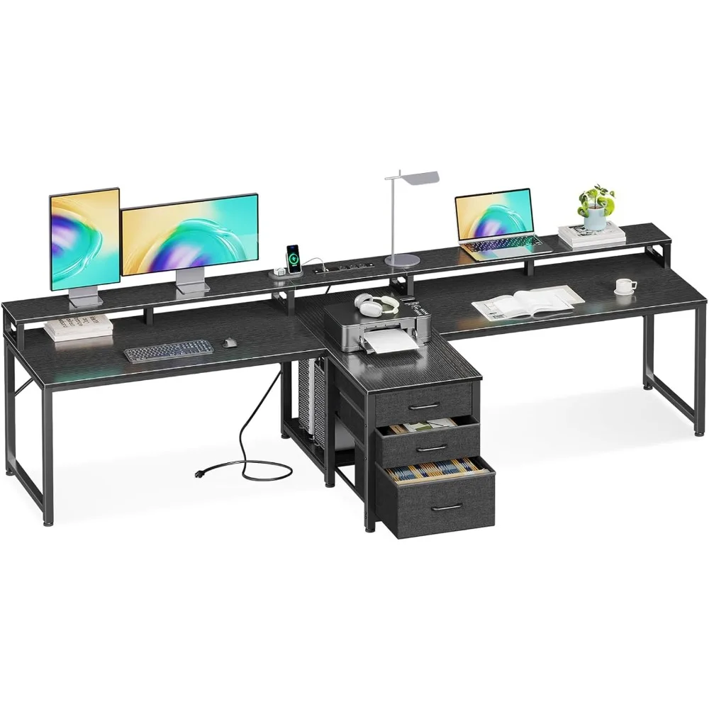 

94" Two Person Computer Desk with Power Outlet & USB Ports, with Fabric Drawers, Extra Long Home Office Desk