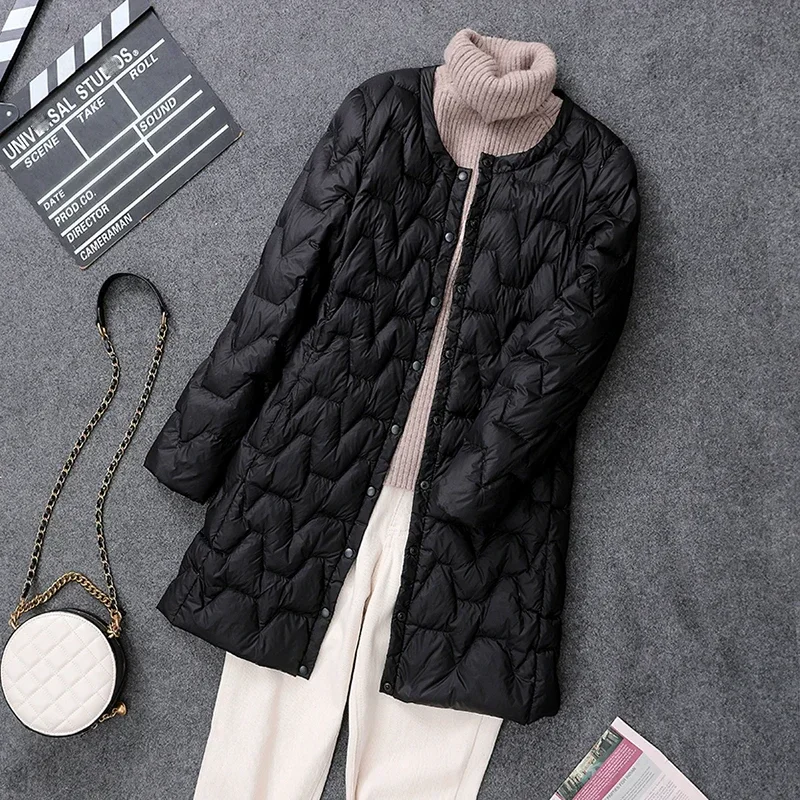 Autumn Winter Warm Ultra Light White Coat Women Midi Long Big Size Parkas Ladies Single Breasted Slim Puffer Jacket