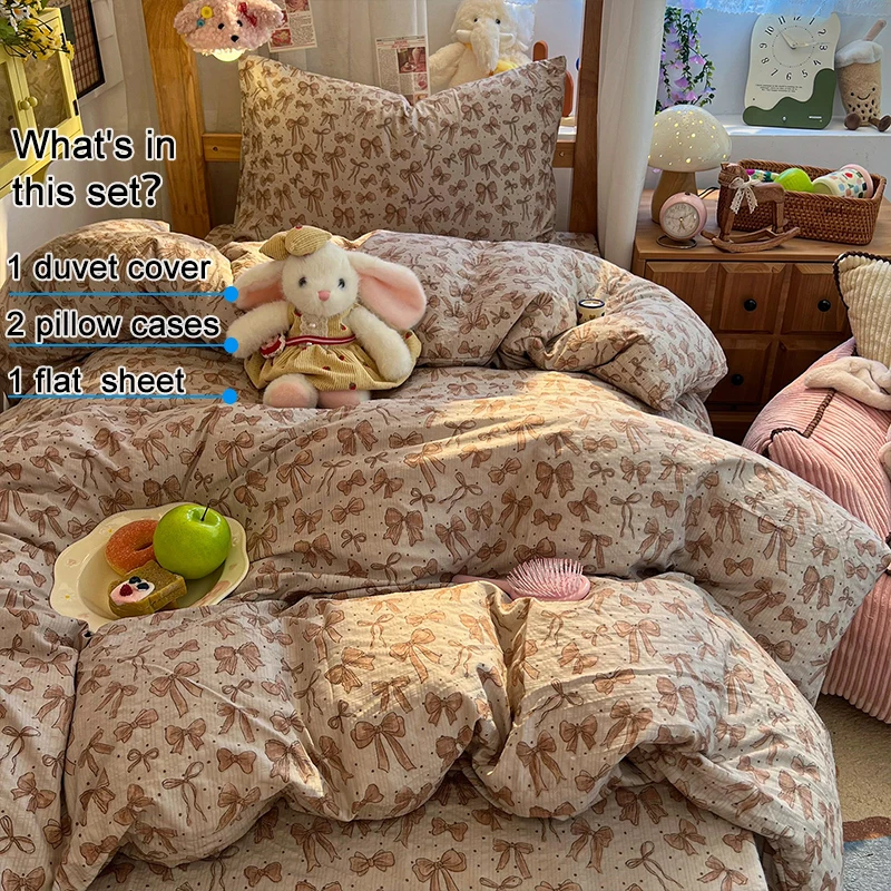 Sweet Bow‑Print Bubble Crinkle Bedding Set 4‑Piece, 1 Duvet Cover,1 Flat Sheet & 2 Pillowcases,Soft Breathable Bed Linens Set