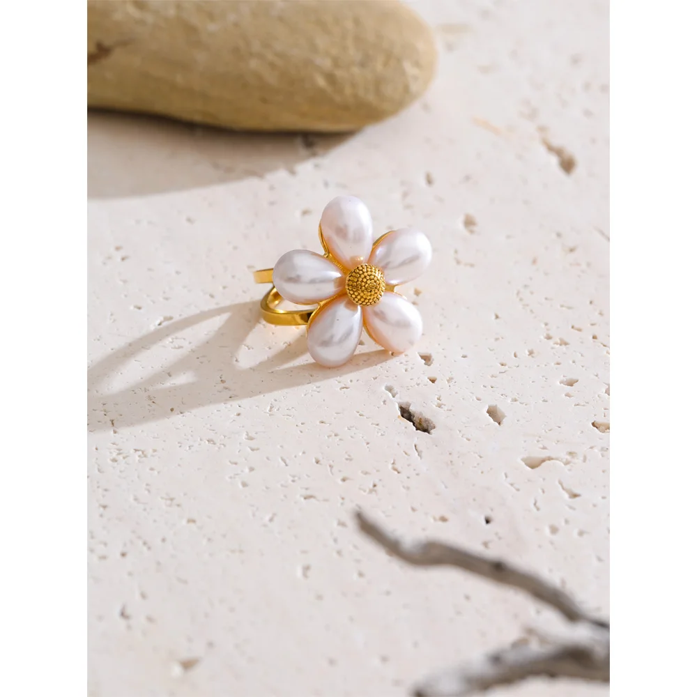 Yhpup Elegance Simulated Pearls Flower Golden Open Ring for Women Stainless Steel Chic Fashion Summer Jewelry Accessories