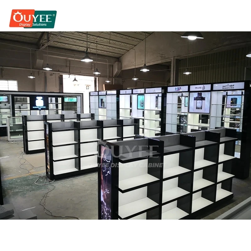 custom.Durable Boutique Store Mixed Material Display Cabinet Installation Service Mall Perfume Kiosk