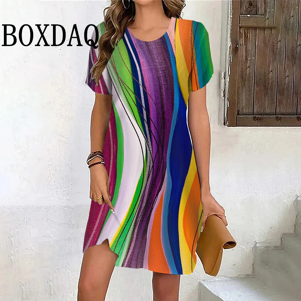 2024 Fashion Dress Summer Women Colorful Striped Short Sleeve Dress Streetwear Casual Loose Ladies New Sundress Print Mini Dress