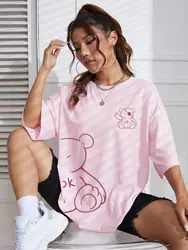 Kobiety bawełniane koszulki Kawaii OK pluszowy miś nadruki graficzne koszulki moda lato na co dzień ubrania damskie wygodne topy w stylu streetwear