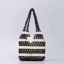 Summer Beach Wood Bead Woven Bag Handmade Wooden Beads Handbags Hollow Out Tote Bags for Women Commuter Clutch Purses Bucket Bag