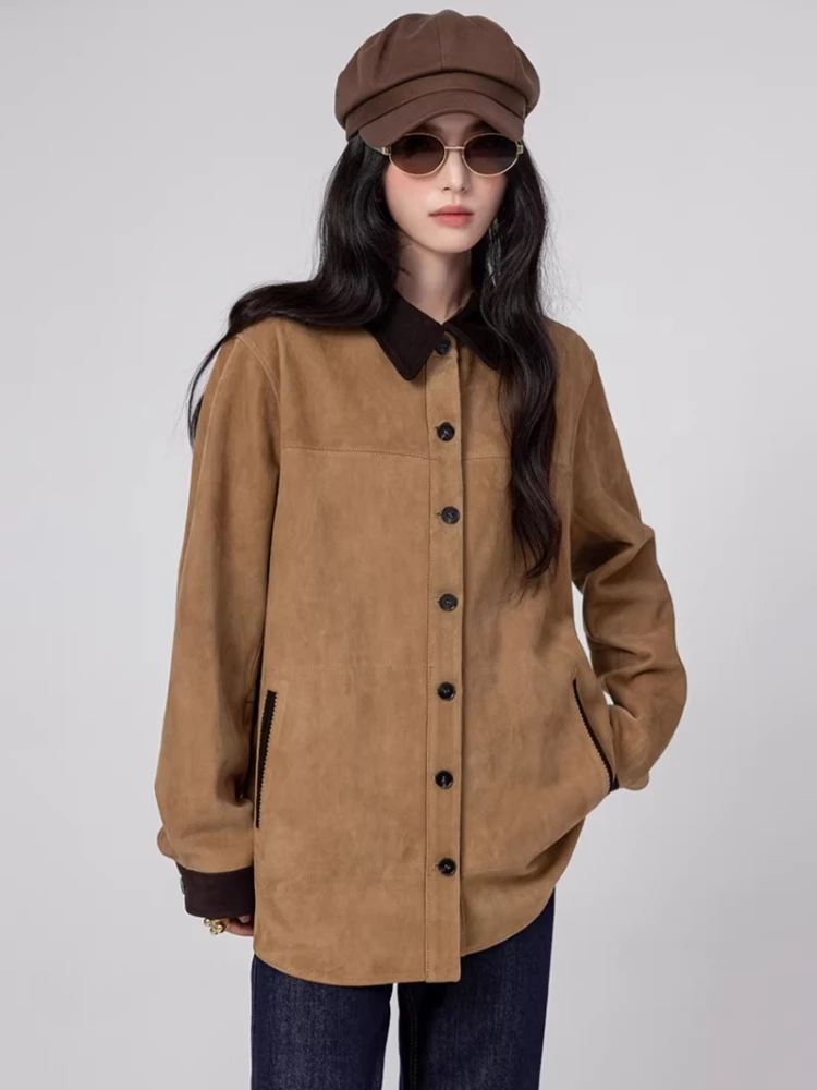 

Casual Genuine Leather Shirt Jackets Women Spring Autumn High-end Simple Contrast Lapel Loose Vintage Real Goatskin Suede Coat