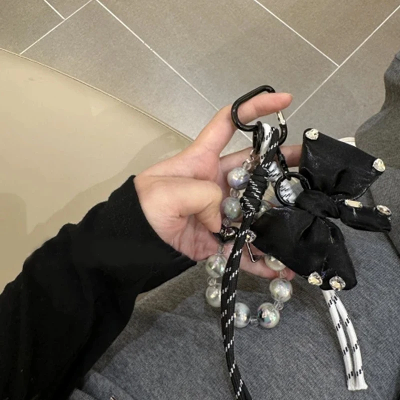 Original Brand Exquisite Bag Pendant High-grade Hand-woven Rope Silver Metal Bow Beaded Rope Keychain Ins Mix Match Bag Pendant
