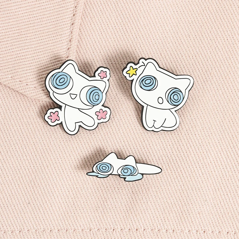 Cute Spiral-Eyed White Cat Enamel Pins Set Whimsical Cartoon Brooches Pastel Lapel Badges Adorable Gift For Girls