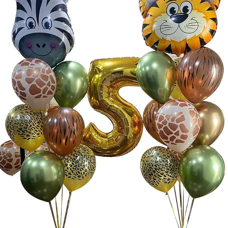 20pcs Jungle Animal Head Balloons Set Metal Chrome Latex Globos Kids 1 2 3 Years Birthday Party Decorations Baby Shower Supplies