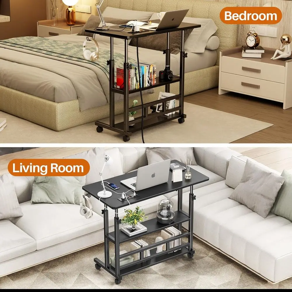 مكتب قائم مريح قابل للتعديل مع منافذ طاقة، مكتب كمبيوتر محمول مدمج مع مساحة تخزين، محطة عمل محمولة 31.5 (أسود)