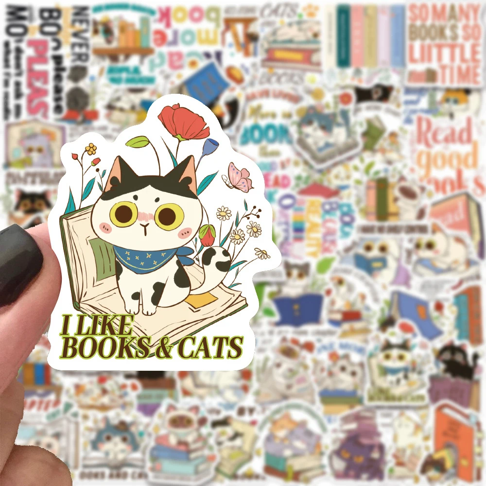 

10/30/60pcs Reading Cat and Book Cartoon Stickers Funny Decoration Decals DIY Skateboard Guitar Luggage Cute Waterproof Sticker