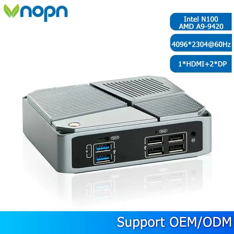 كمبيوتر صغير VNOPN Intel N100/AMD A9-9420 Win10 DDR4 2LAN HDMI + 2 * DP كمبيوتر جيب صغير مزدوج SSD وظيفة كاملة Type-C 4K 60 هرتز