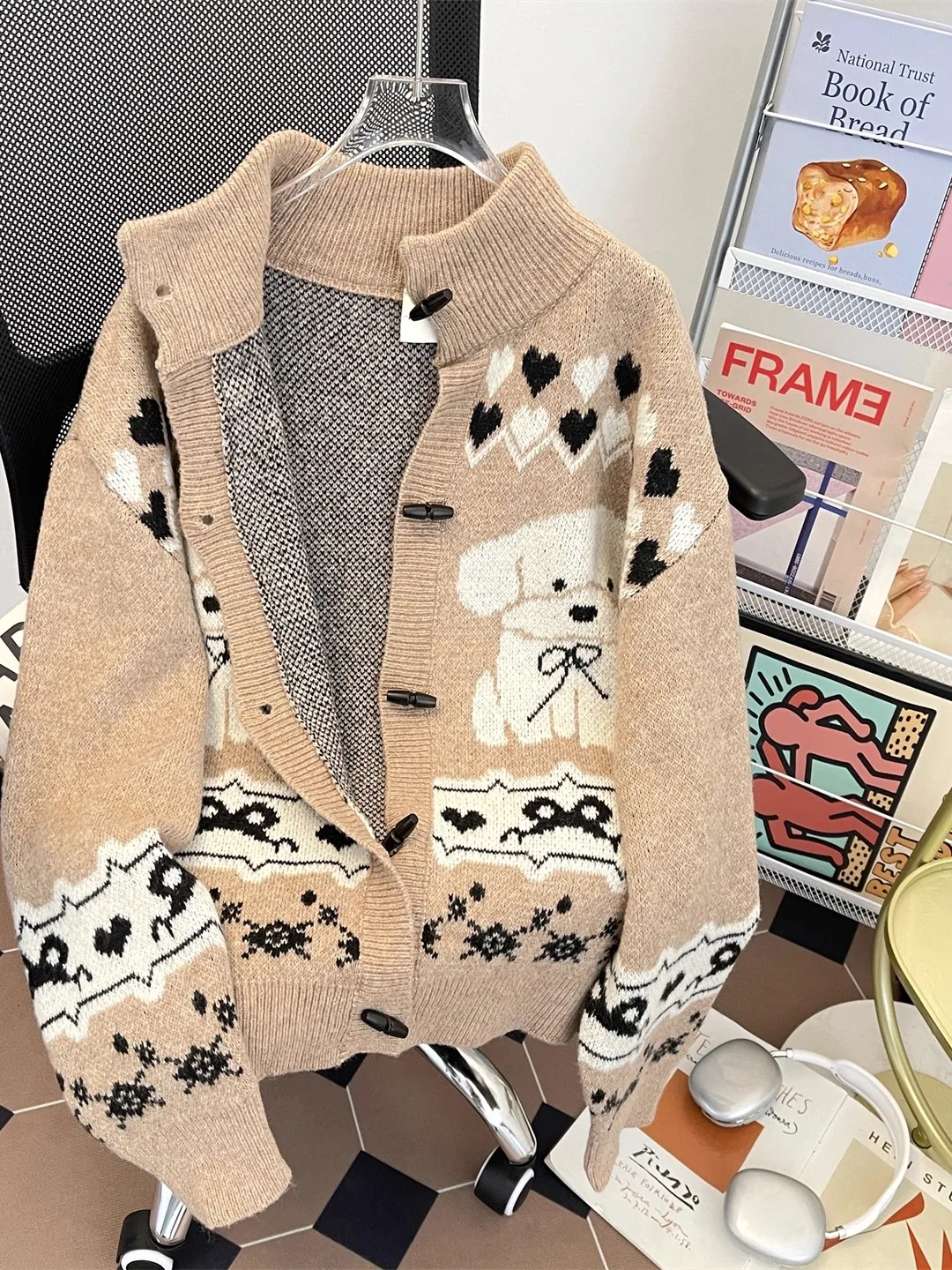 

Thiened Autumn Winter Floral Velvet Sweater Women's High Collar Knitted Cardigan Couple Sle Long Sve Cartoon Dog Pattern