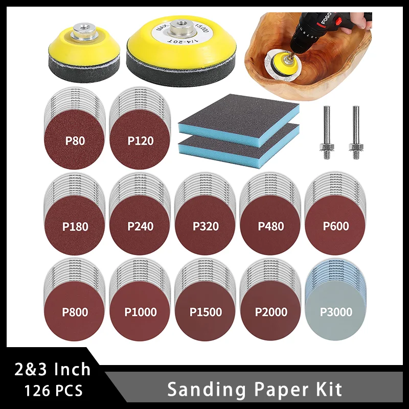 

3 Inch Sanding Paper Kit with 2/3inch Backer Pads 1/4" Shanks Polishing Sponge for Grinding and Finishing Metal Wood Rubber