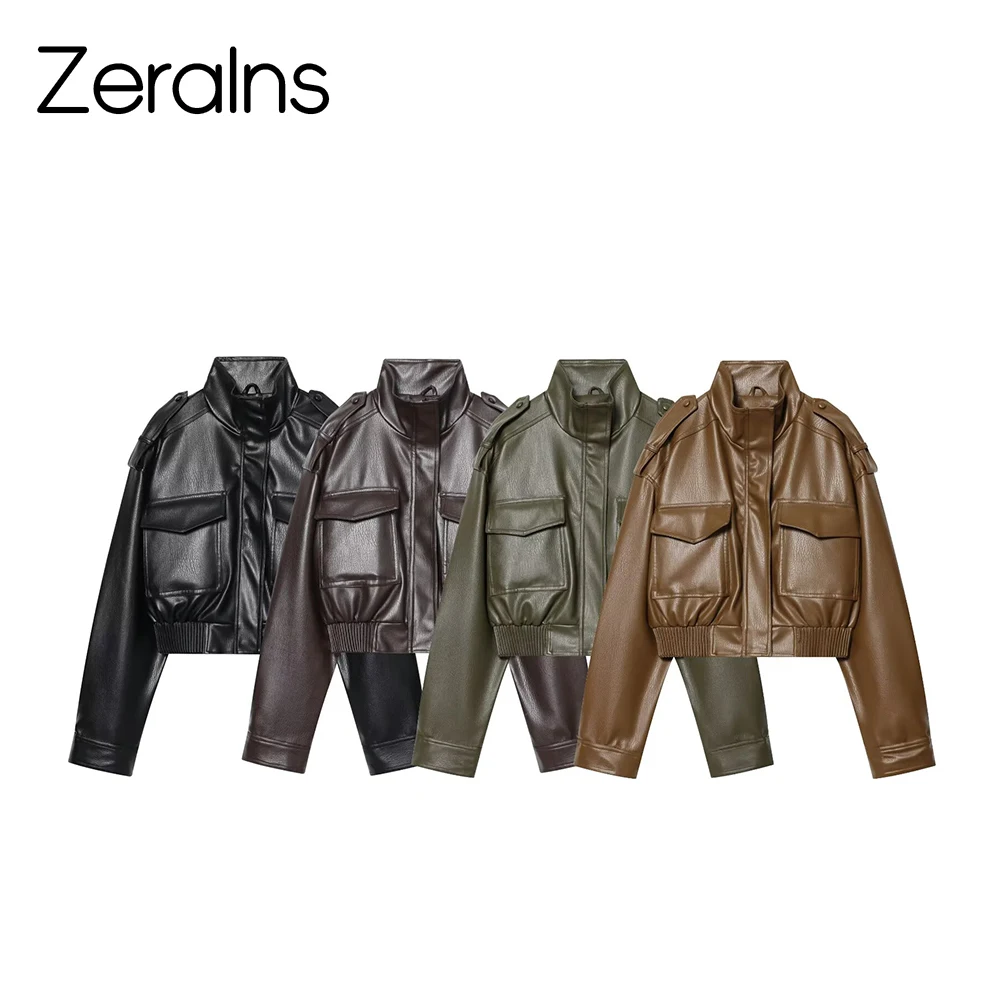 แจ็คเก็ตหนังสไตล์อเมริกันแบบสปายเกิร์ล ทรงเข้ารูปเล็กกระทัดรัด แขนสั้น กระเป๋าใหญ่ คอตั้ง แบบนักบิน