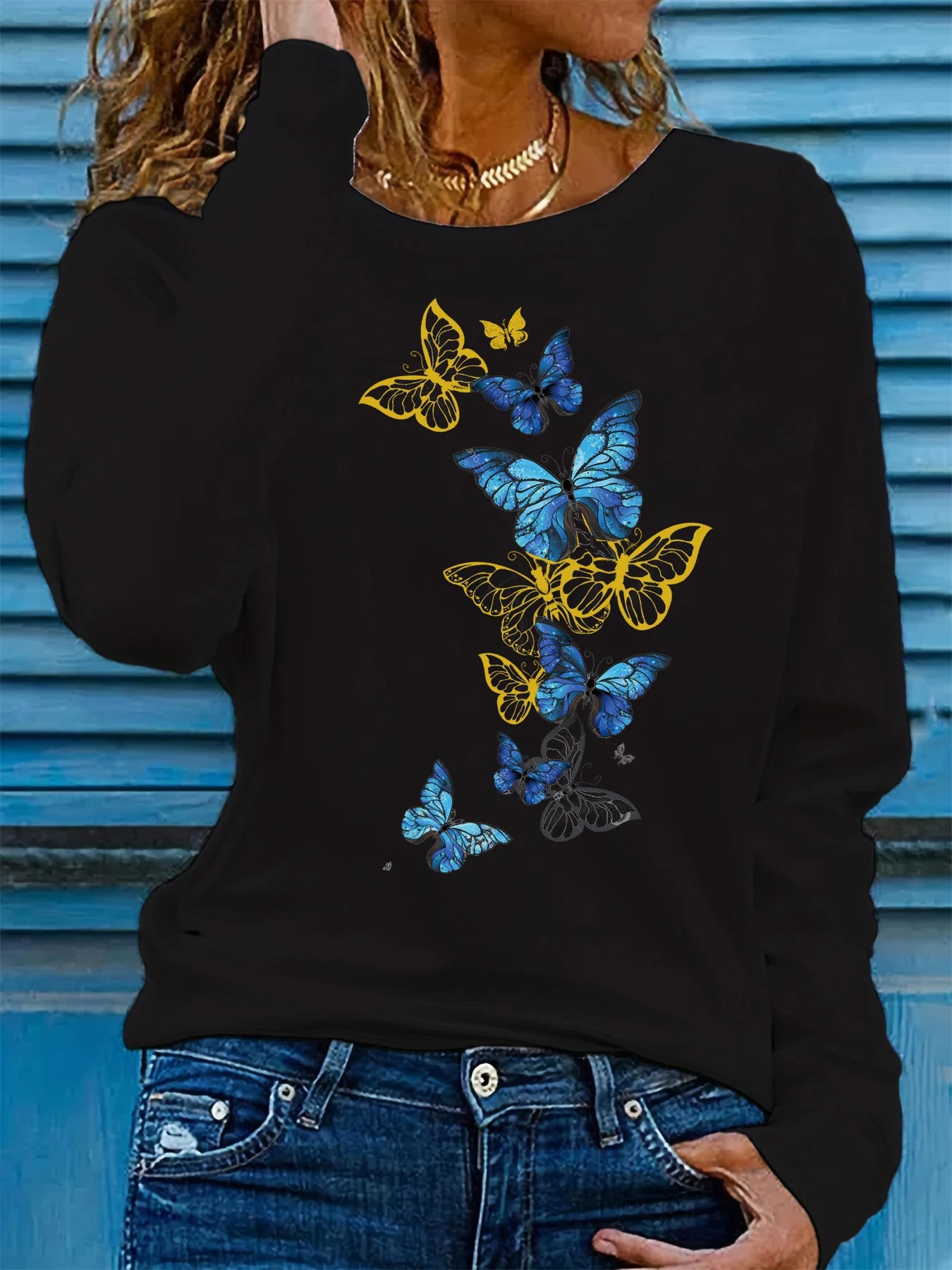 

100% pure cotton women's spring and autumn loose casual butterfly graphic printed long sleeved round neck T-shirt