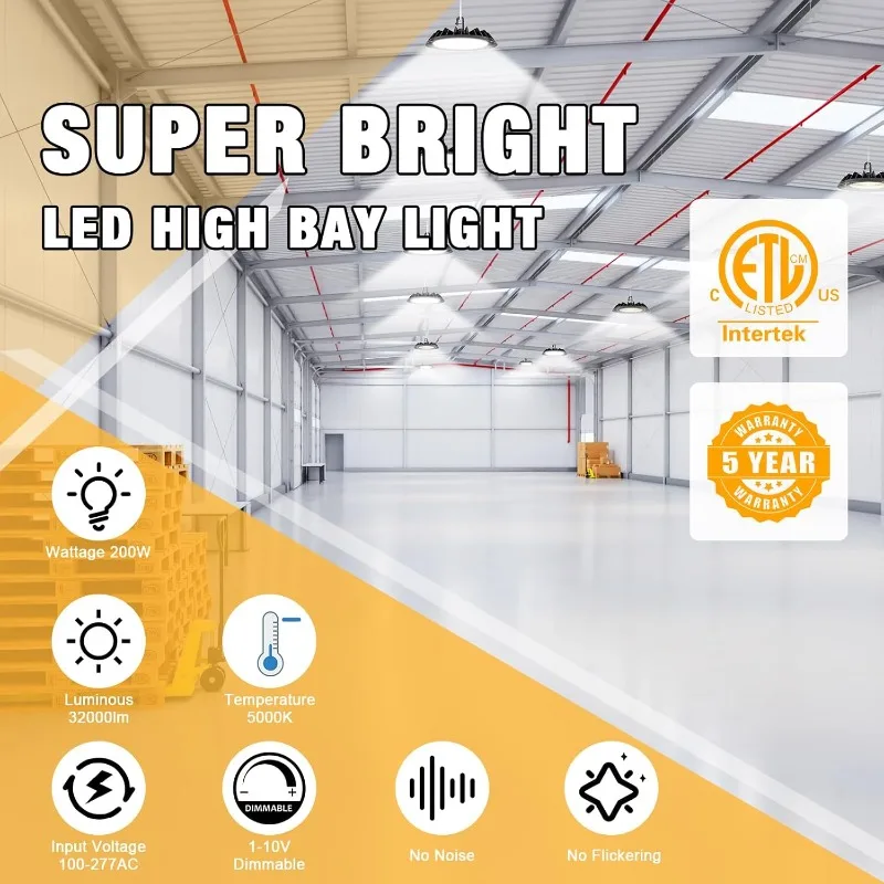 High Bay Light 200W 4 عبوات، 32,000LM (160LM/W) 1-10V قابل للتعتيم، كابل 5 بوصات مع قابس، خطاف تعليق، حبل آمن، مدرج ETL f